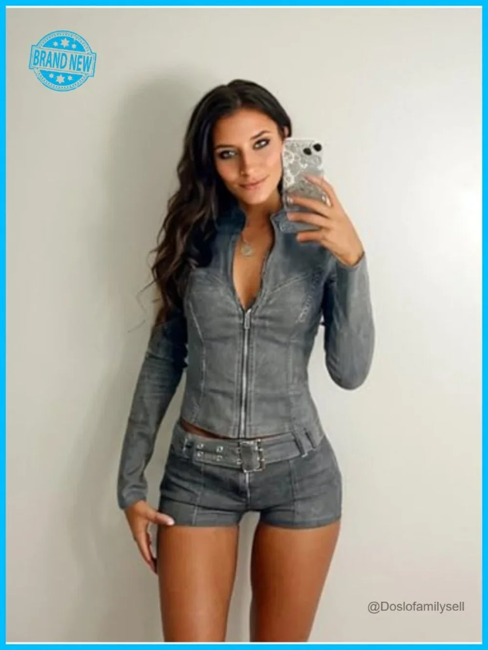 2 Piece Denim Outfits Long Sleeve Zip Up Cropped Jacket Skinny Shorts Set with